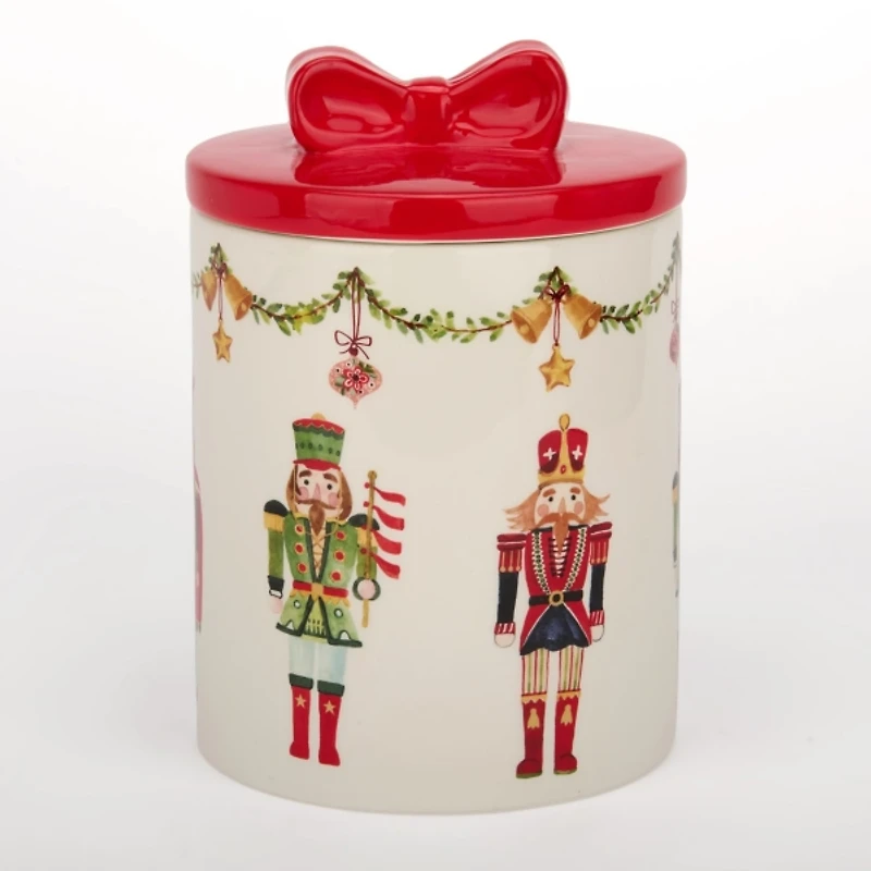 Holly Nutcracker Bow Lid Canister