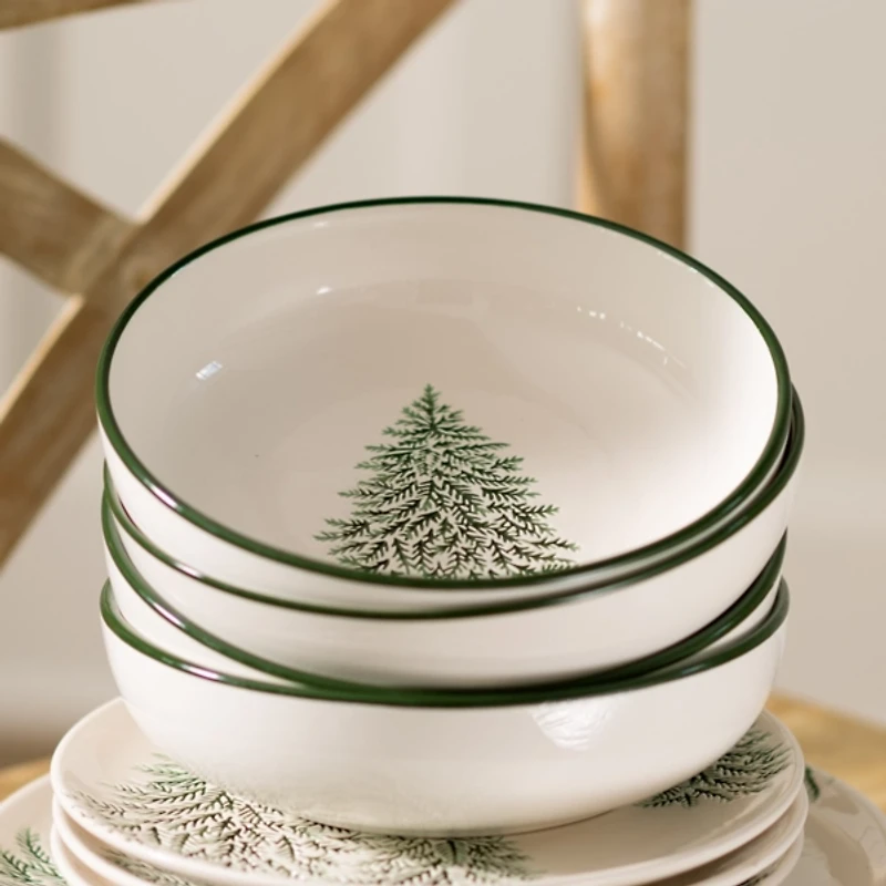 Evergreen Trees Embossed Dinner Bowls, Set of 4