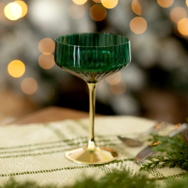 Green Ribbed Gold Base Coupe Glass