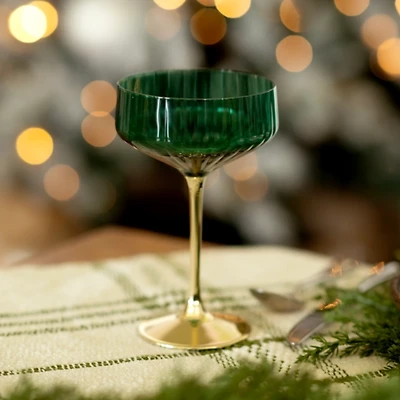 Green Ribbed Gold Base Coupe Glass