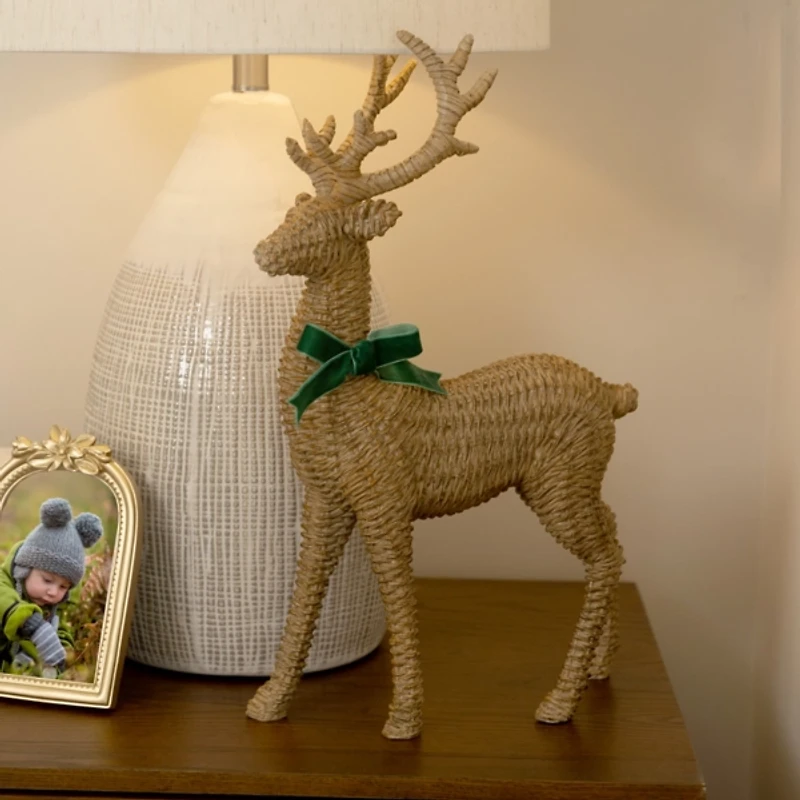 Brown Rattan Deer Figurine with Bow, 17 in.