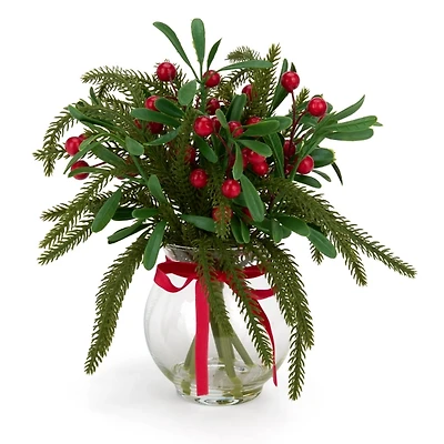 Red Berry and Greenery Arrangement in Glass Vase