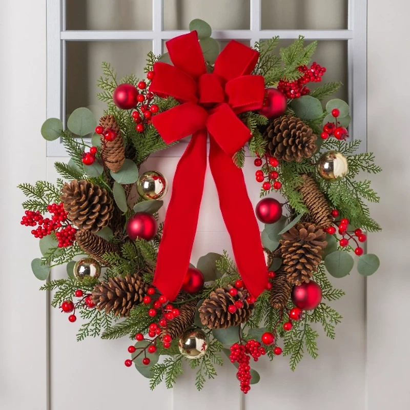 Pinecone and Ornament Christmas Wreath with Bow