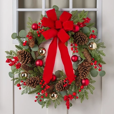 Pinecone and Ornament Christmas Wreath with Bow