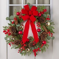 Pinecone and Ornament Christmas Wreath with Bow
