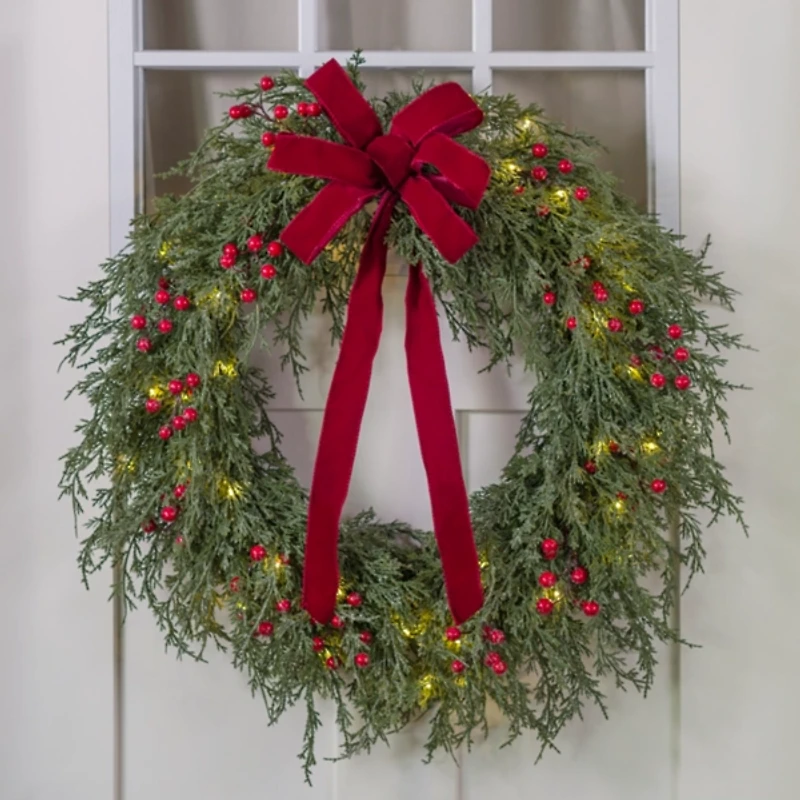 Pre-Lit Juniper Red Berry Wreath with Bow