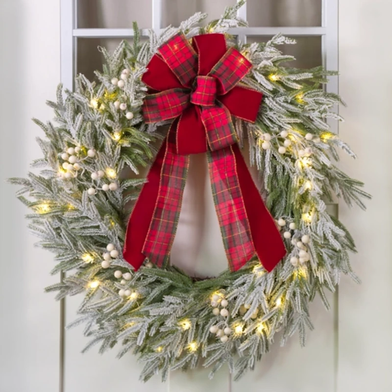 Pre-Lit Norfolk Plaid Bow Christmas Wreath