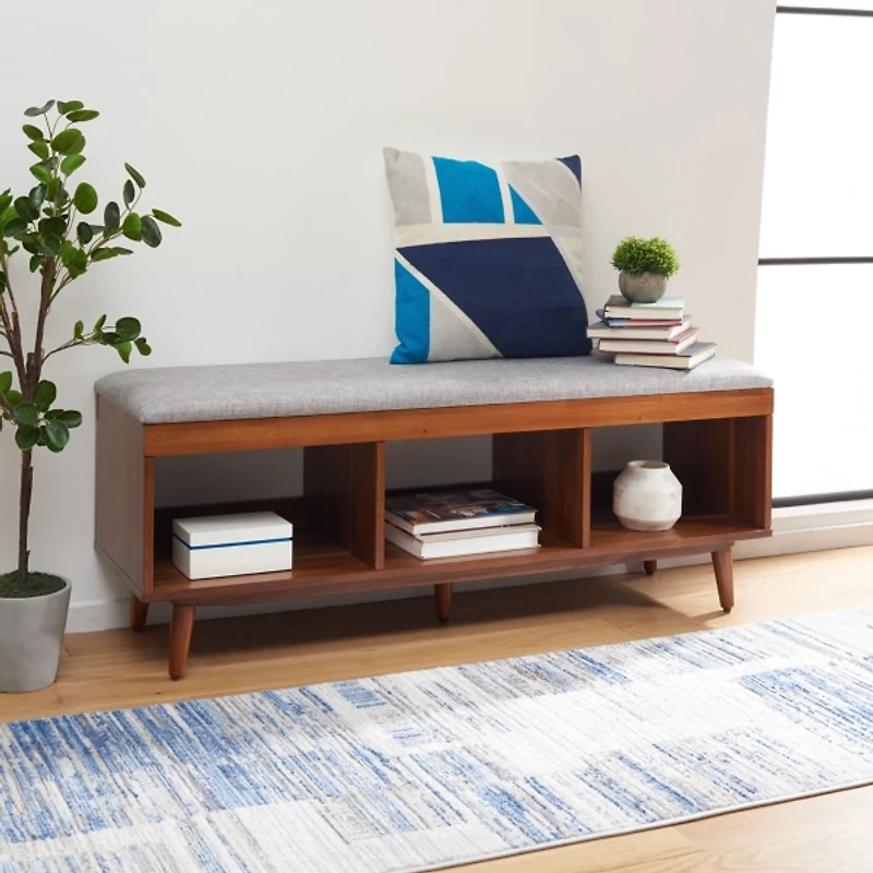 Gray Linen Norma Open Shelf Wood Bench