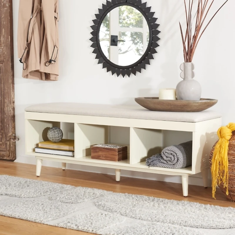 Cream Linen Norma Open Shelf White Bench
