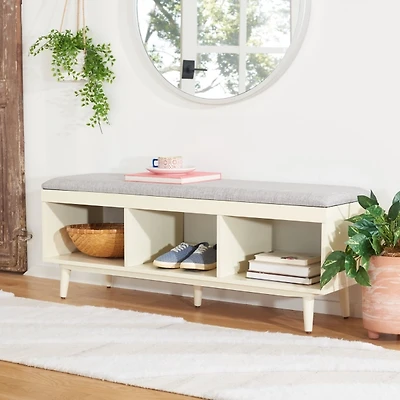 Gray Linen Norma Open Shelf White Bench