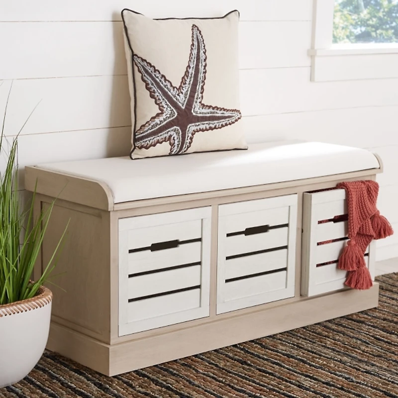 Tan Wood Zella Upholstered Storage Bench