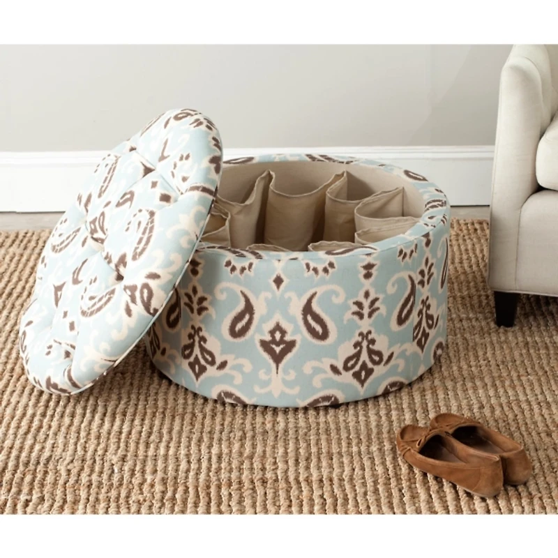 Light Blue Paisley Tufted Shoe Storage Ottoman