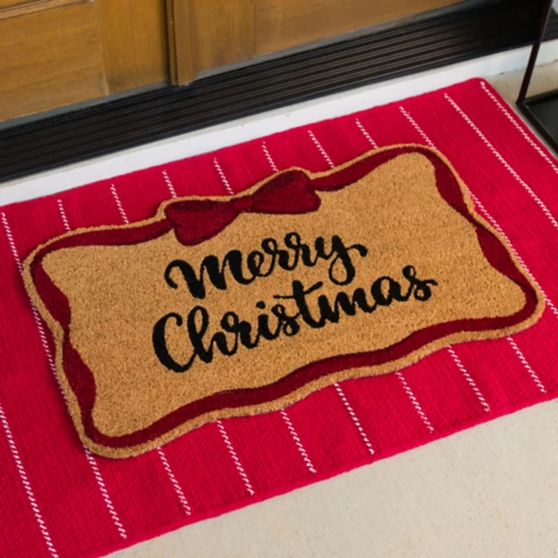 Merry Christmas Red Bow Shaped Coir Doormat