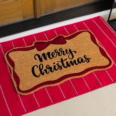 Merry Christmas Red Bow Shaped Coir Doormat