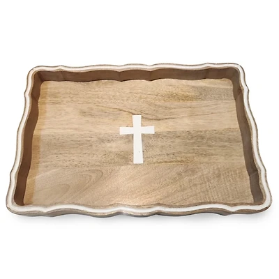 Natural Wood Cross Scalloped Tray