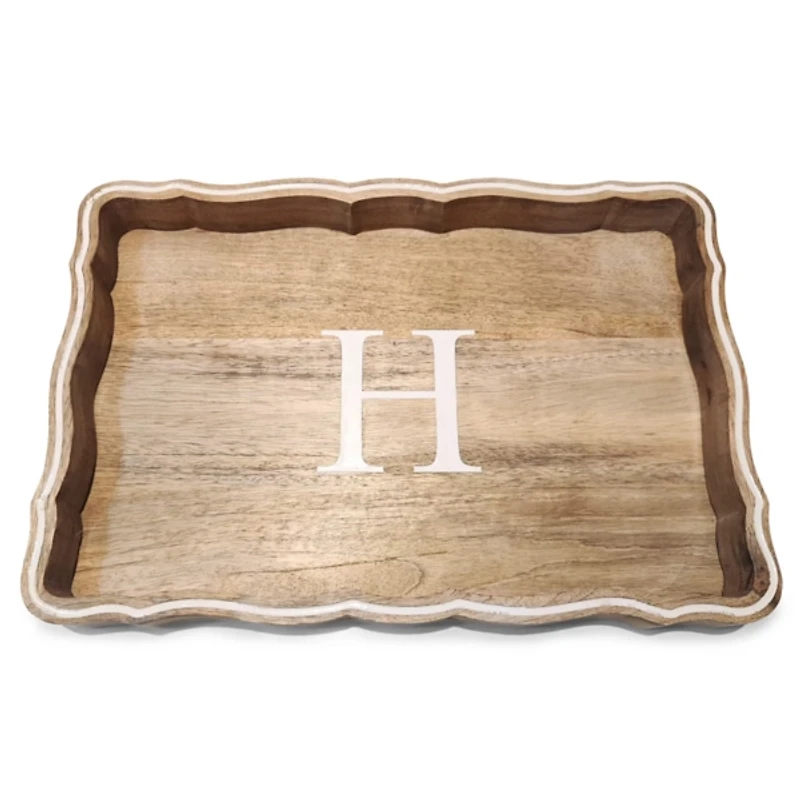 Monogram H Natural Wood Scalloped Tray