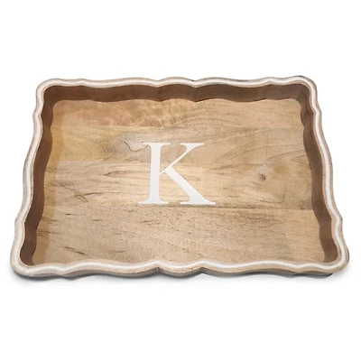 Monogram K Natural Wood Scalloped Tray