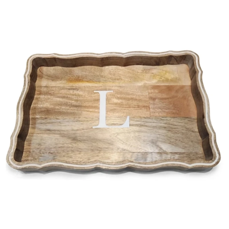 Monogram L Natural Wood Scalloped Tray