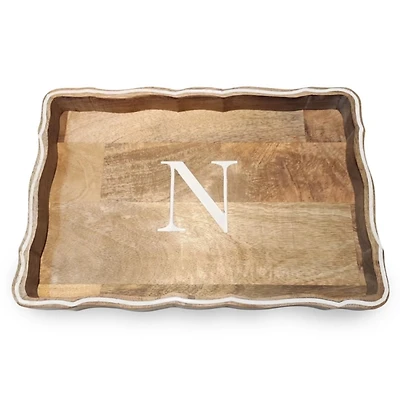 Monogram N Natural Wood Scalloped Tray