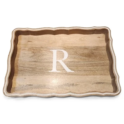 Monogram R Natural Wood Scalloped Tray