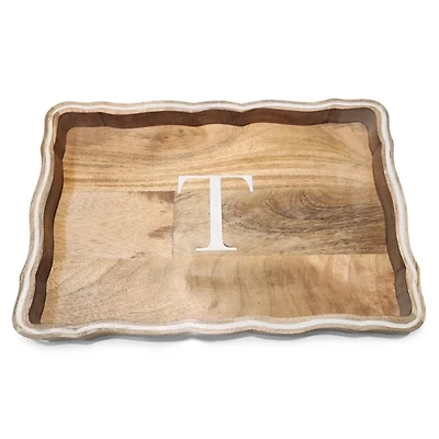 Monogram T Natural Wood Scalloped Tray