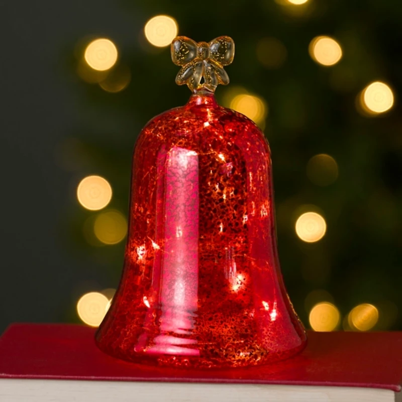 LED Red Bell with Gold Bow, 7 in.