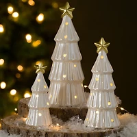 LED White Iridescent Ceramic Trees, Set of 3