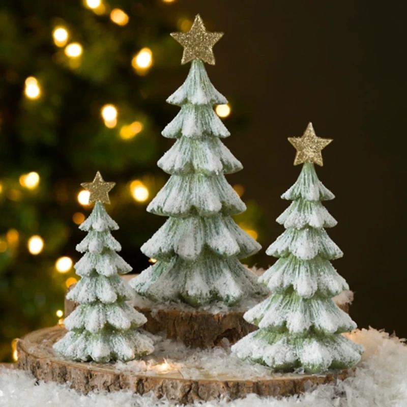 Green Flocked Christmas Trees, Set of 3