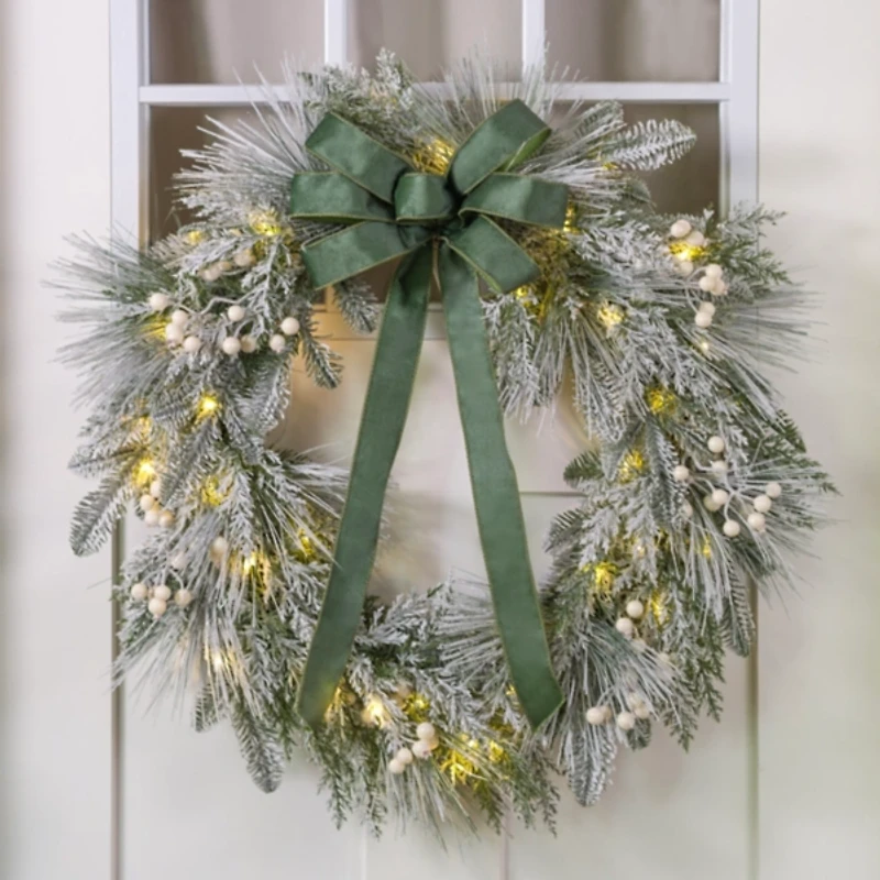 Pre-Lit White Berry Green Velvet Bow Wreath