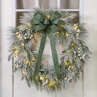 Pre-Lit White Berry Green Velvet Bow Wreath