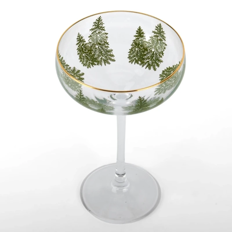 Evergreen Trees Embossed Coupe Glasses, Set of 4