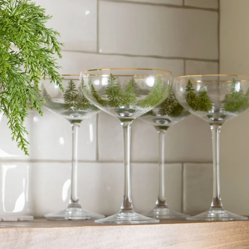 Evergreen Trees Embossed Coupe Glasses, Set of 4