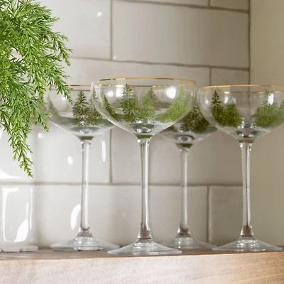 Evergreen Trees Embossed Coupe Glasses, Set of 4