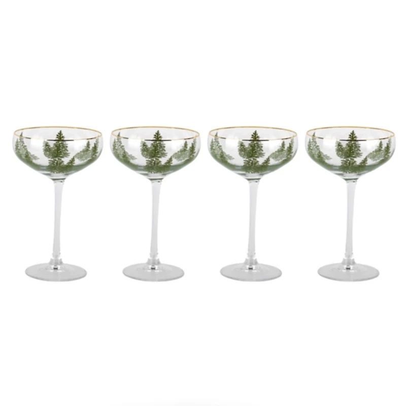 Evergreen Trees Embossed Coupe Glasses, Set of 4