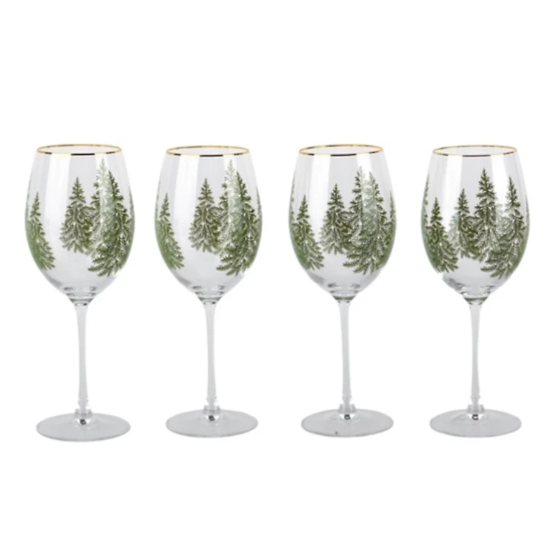 Evergreen Trees Embossed Wine Glasses, Set of 4