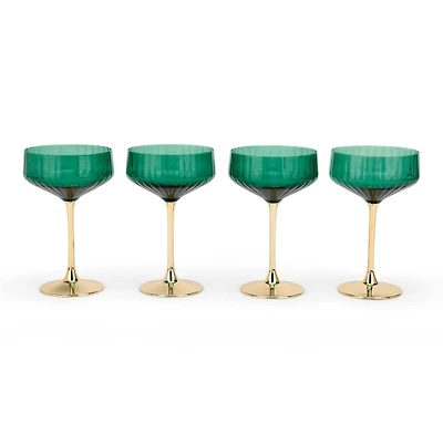 Green Ribbed Gold Base Coupe Glasses, Set of 4