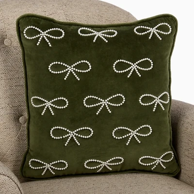 Green Velvet Nina Pearl Bow Pillow