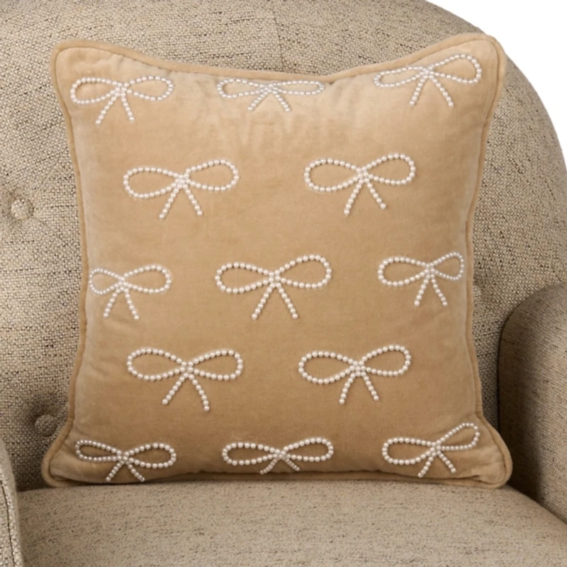 Taupe Velvet Nina Pearl Bow Pillow