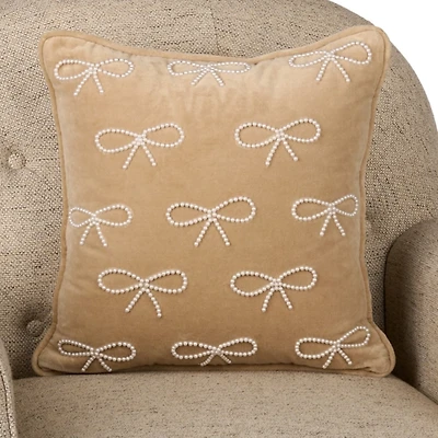 Taupe Velvet Nina Pearl Bow Pillow
