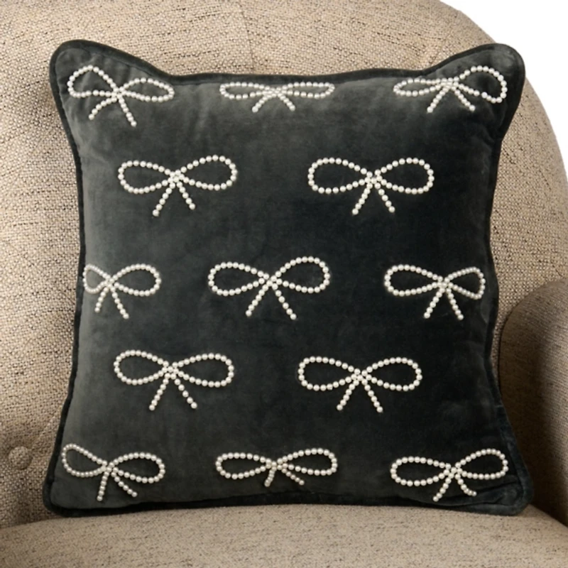 Slate Velvet Nina Pearl Bow Pillow