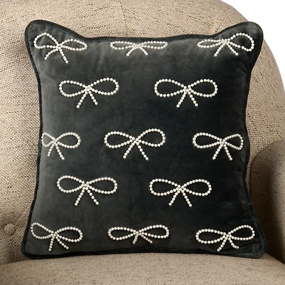 Slate Velvet Nina Pearl Bow Pillow
