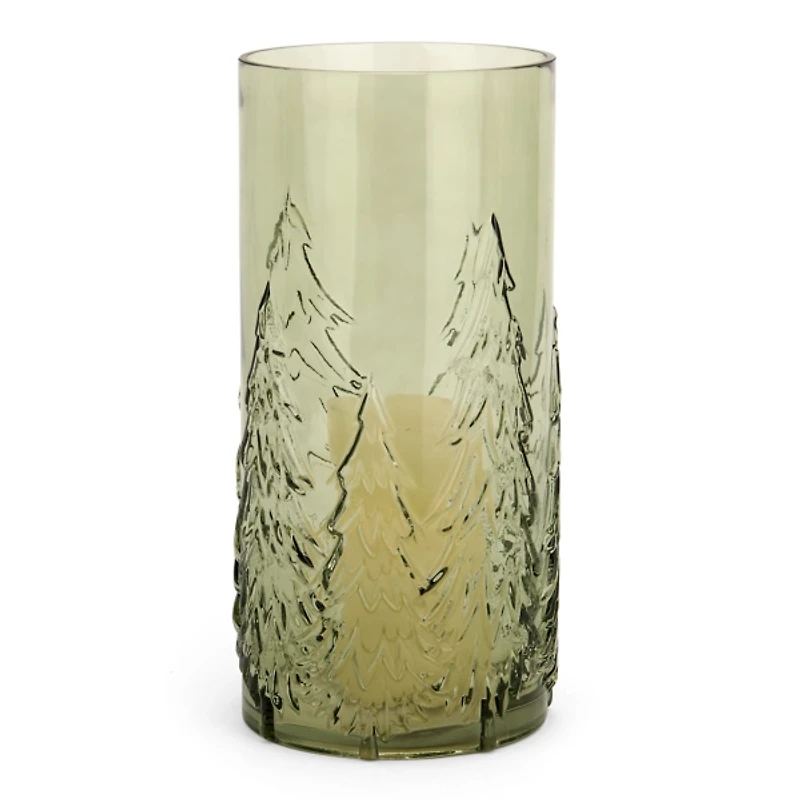 Green Sketched Tree Glass Hurricane, 12.6 in.