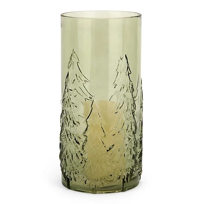 Green Sketched Tree Glass Hurricane, 12.6 in.