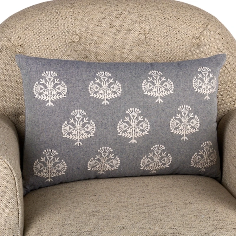 Faded Blue Embroidered Floral Lumbar Pillow