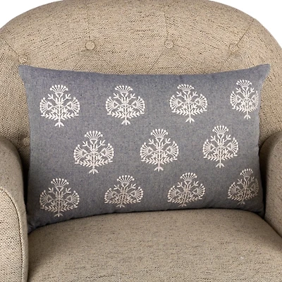 Faded Blue Embroidered Floral Lumbar Pillow