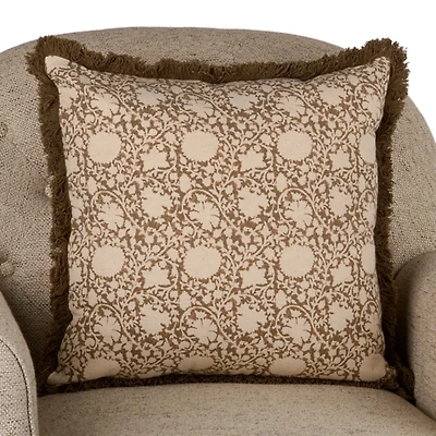 Brown Botanical Print Fringe Pillow