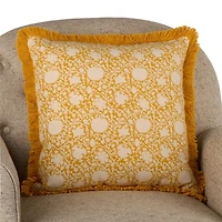 Yellow Botanical Print Fringe Pillow