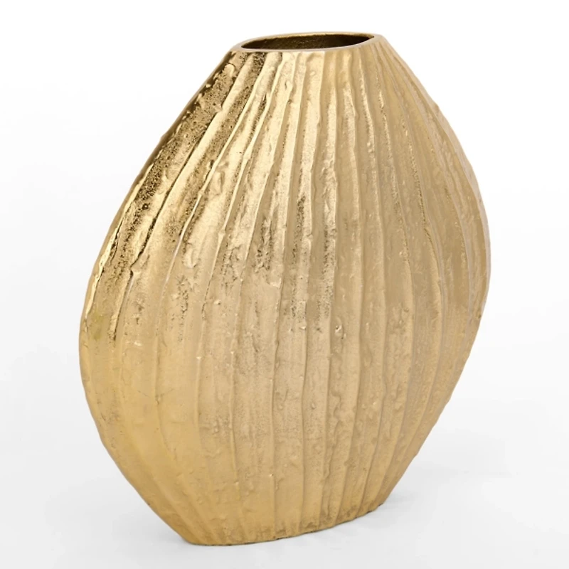 Gold Ribbed Metal Vase, 14.5 in.