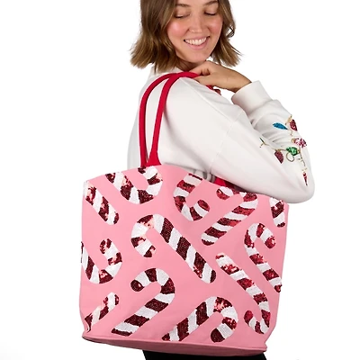 Pink Sequin Candy Cane Christmas Tote
