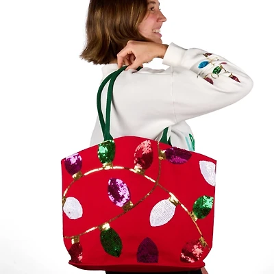Red Sequin Christmas Lights Tote
